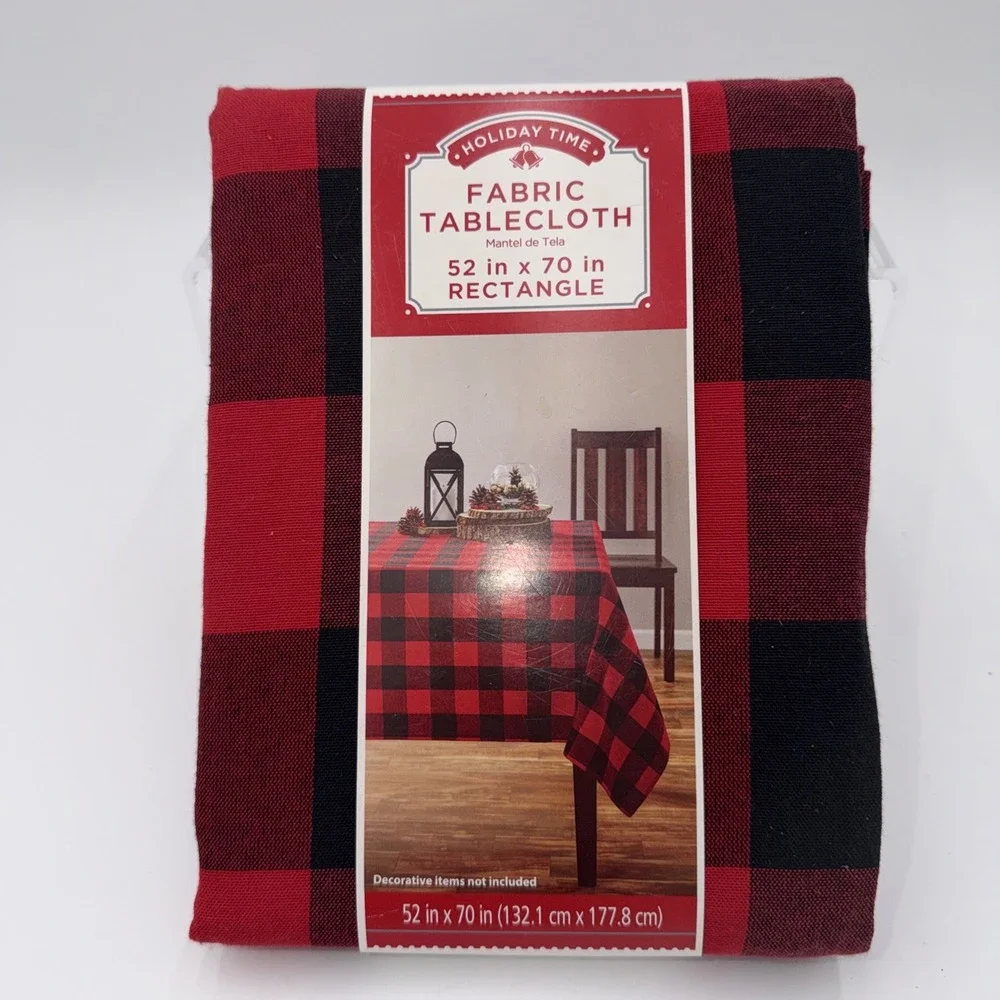 Holiday Time Fabric Tablecloth 52 in x 70 in Rectangle Red Black Plaid